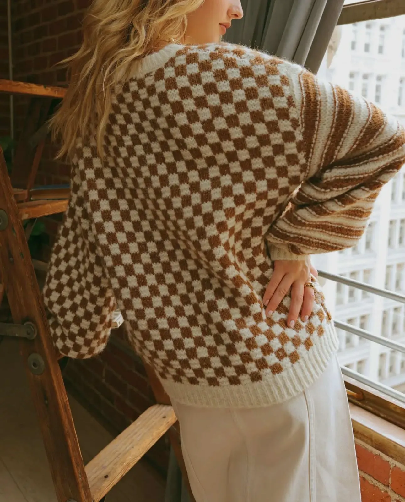 Striped and Checkered Chunky Sweater in Mocha LAST ONE!