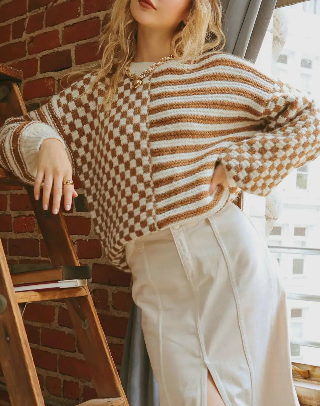 Striped and Checkered Chunky Sweater in Mocha LAST ONE!