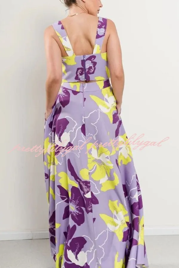 Stylish Floral Print Sling Top and Large Hem Pockets Maxi Skirt Set