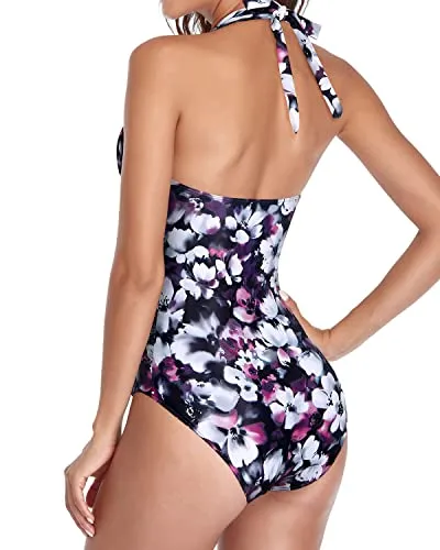 Stylish High Neck Swimsuits Black Halter Bathing Suits-Purple Floral