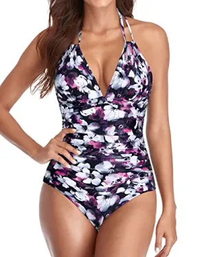 Stylish High Neck Swimsuits Black Halter Bathing Suits-Purple Floral