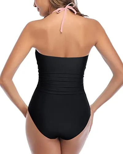 Stylish High Waisted Halter Sexy Cutout One Piece Swimsuits-Pink And Black