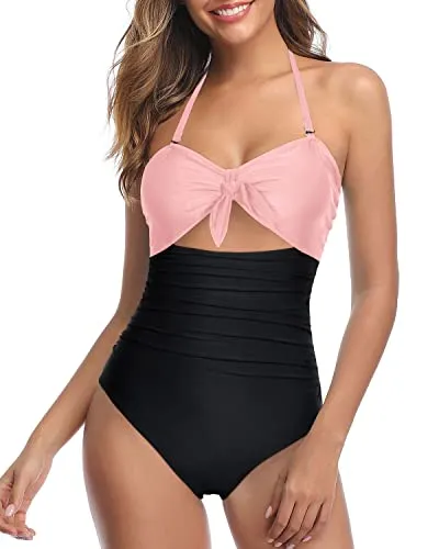 Stylish High Waisted Halter Sexy Cutout One Piece Swimsuits-Pink And Black