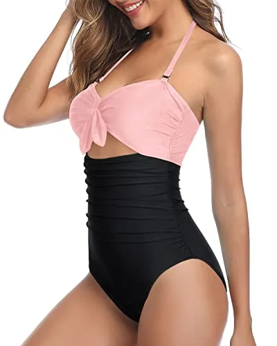 Stylish High Waisted Halter Sexy Cutout One Piece Swimsuits-Pink And Black