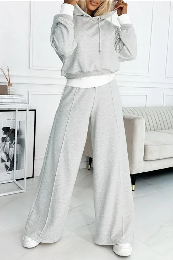 Stylish Patchwork Hooded Sweatshirt and Elastic Waist Tie Pocket Wide Leg Pants Set