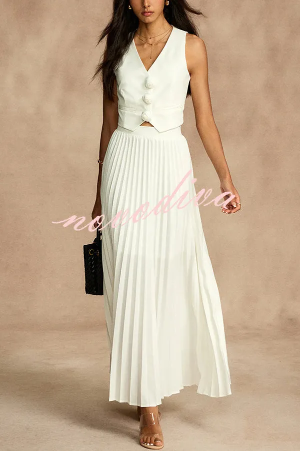 Stylish Rosette Sleeveless Tank Top and Pleated Maxi Skirt Set