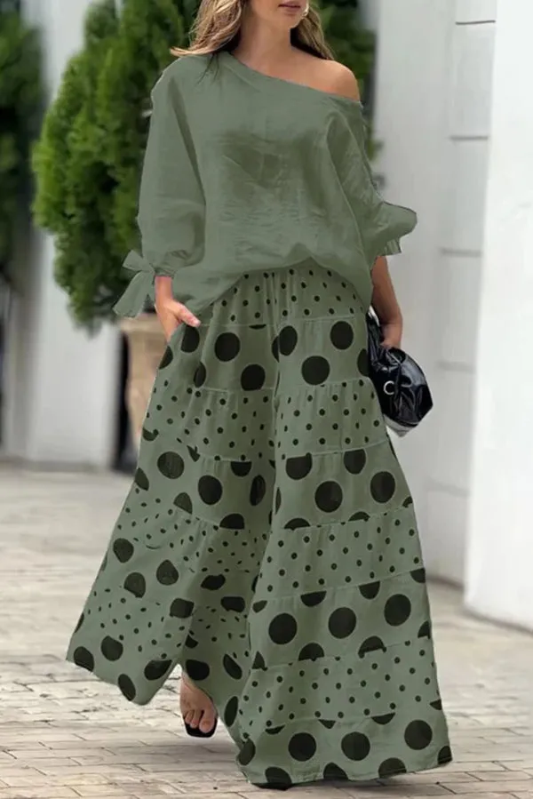 Stylish Tie-cuff Loose Top and Polka Dot Print Pocket Wide Leg Pants Set