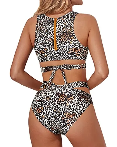 Stylish Two Piece High Neck Bandage Two Piece Bathing Suits-Leopard