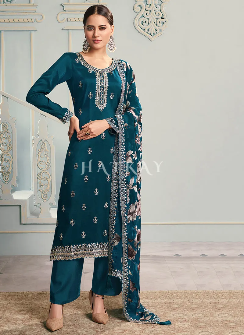 Turquoise Embroidery Pakistani Pant Suit