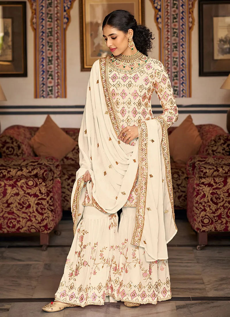 White Sequence Embroidery Traditional Gharara Suit