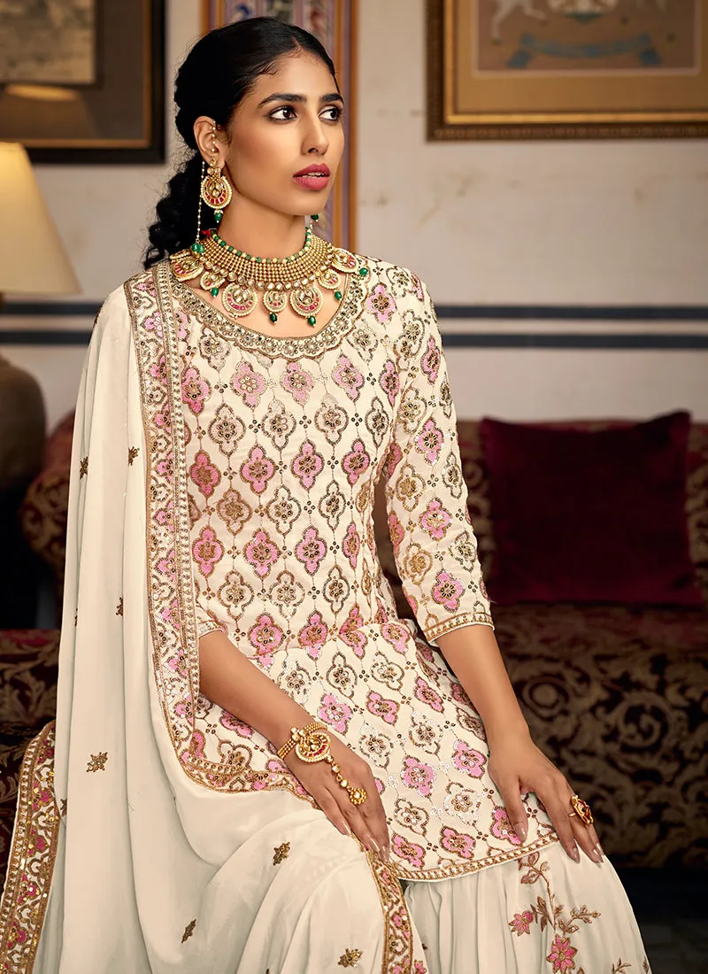 White Sequence Embroidery Traditional Gharara Suit