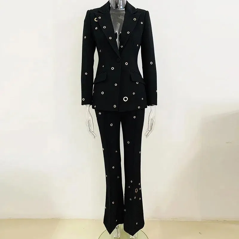 Women Pant Suit - Grommet Lapel Blazer Trouser Suit