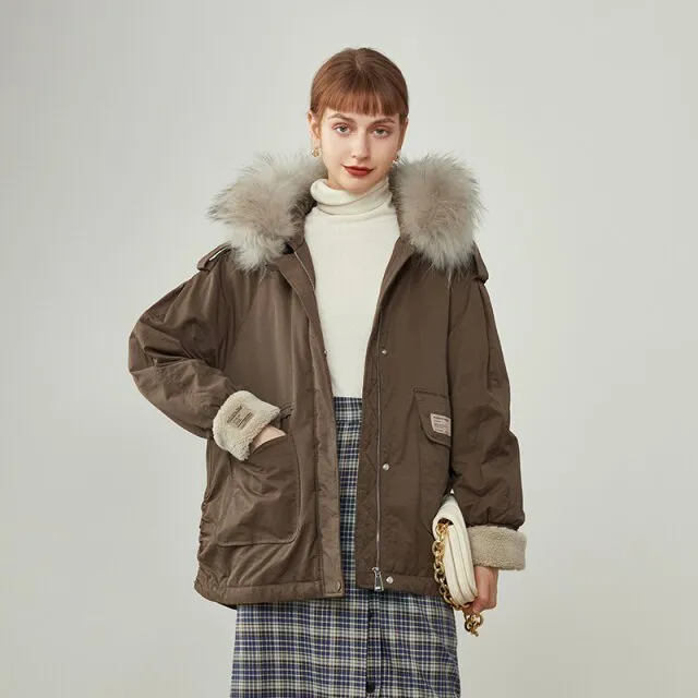 Women's Winter Large Fur Collar Design Windproof Fashion Down Jackets Women Short Coffee Color Hood Casual Down Coats