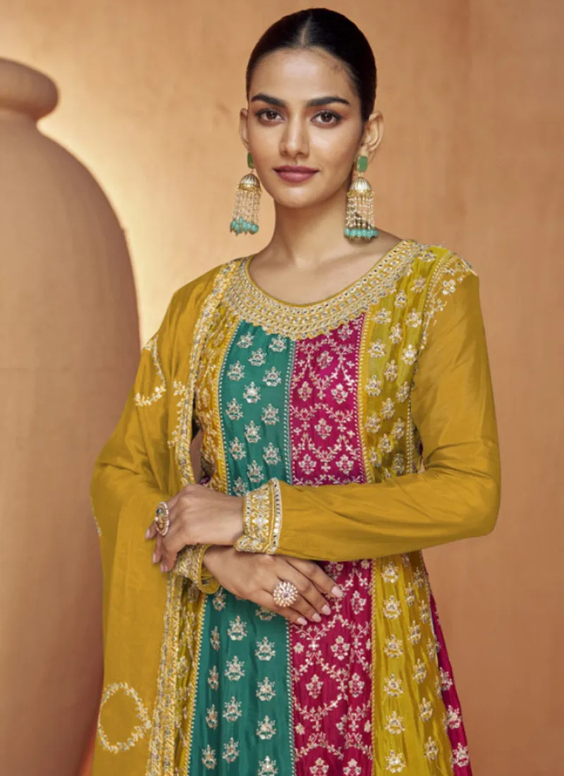 Yellow Multi Sequence Embroidery Anarkali Palazzo Suit